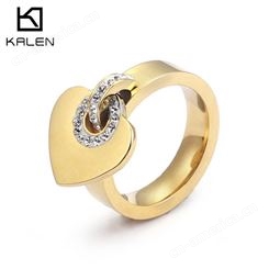 外贸货源钛钢饰品批发 时尚镶钻心形戒指电镀18K金不锈钢个性指环