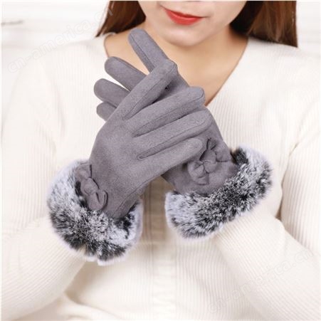 女士手套 麂皮小蝴蝶手套 冬季麂皮手套 保暖触屏棉手套