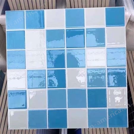 蓝色格子抛晶砖 浴室游泳池防滑耐磨马赛克瓷砖